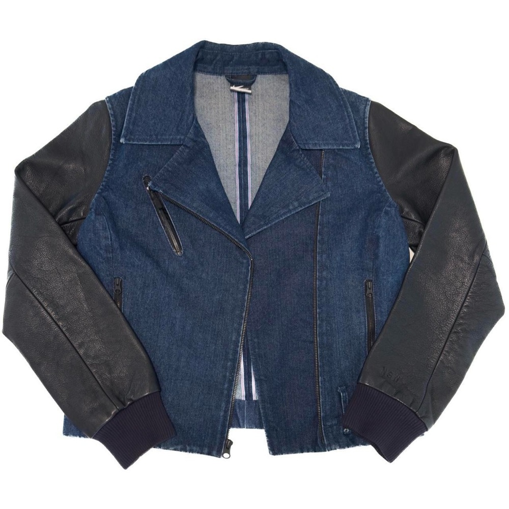 Nike Denim Moto Destroyer Bomber Jacket. Blue denim jacket with leather sleeves